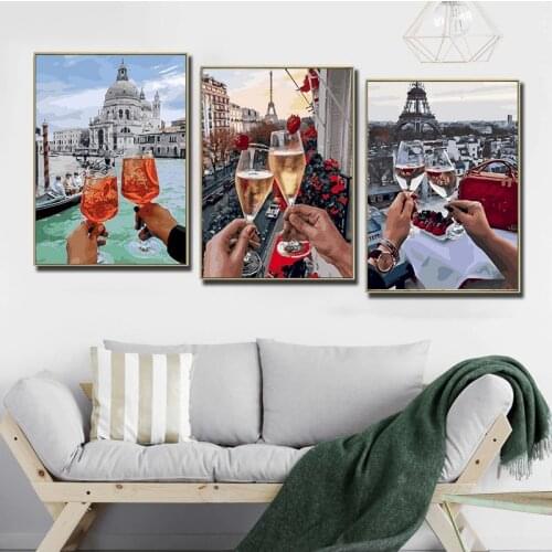 CHENISTORY 3 PC Wine Glass Landscape Oil Painting By Numbers Kits For Adults Children Handmade 40x50cm Frame On Canvas DIY Gifts