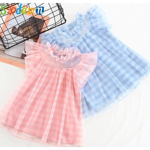 Sodawn Baby Flying Sleeve Girl Dresses 2020 Summer Kids Clothes For Girls Children Dresses Plaid Lace Collar Mesh Princess Dress