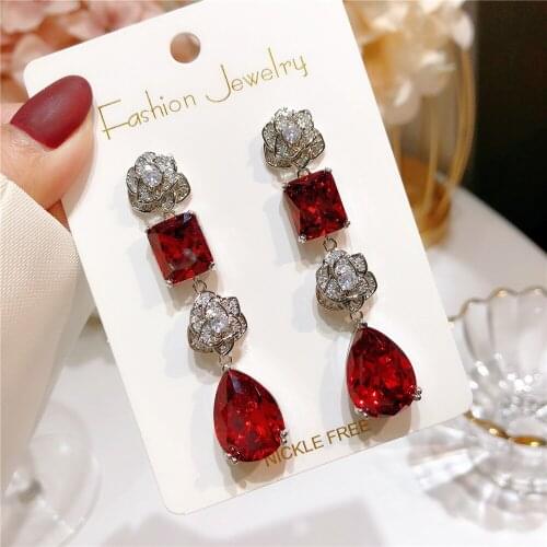 EYER Women'Earrings S925 Silver Cubic Zirconia Eardrop Vintage Rose Water Drop Luxury Wedding Red Earrings Temperamental Jewelry