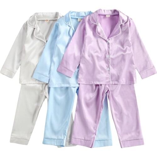 Infant Breathable Boy Girl Pajamas Set, Toddlers Spring Autumn Solid Color Lapel Long Sleeve Top + Long Pants Sleepwear Kit 2-7T