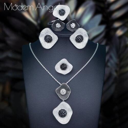 ModemAngel Luxury Lotus Leaf 4Pc NECKLACE Sets Nigerian Dubai Jewelry Sets For Women Cubic Zircon Wedding Bridal Jewelry Sets