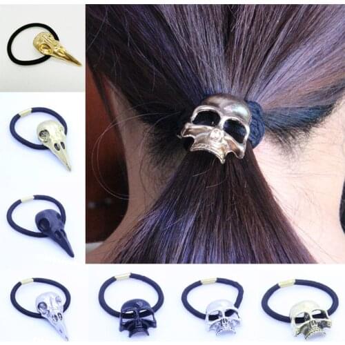 LNRRABC Fashion Punk Hair Tie Gothic Raven Skull Scrunchie Ponytail Elastic Hair Bands Women Hair Rope Metal Hair Accessories