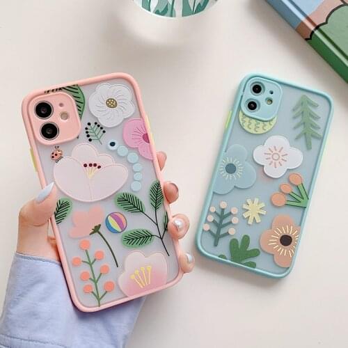 Fashion Flower Leaves Phone Case For iPhone 11 12 Pro Max 7 8 Plus X XR XS Max Luxury Color Thick Border Transparent Back Cover