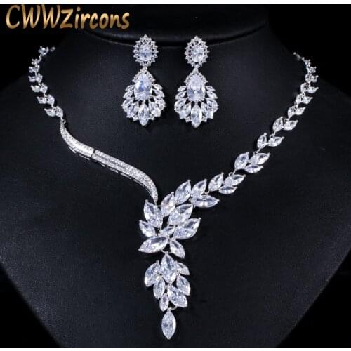 CWWZircons Brand Cubic Zirconia Wedding Jewelry Accessories Bridal Rhinestone Necklace and Earring Sets for Brides T142