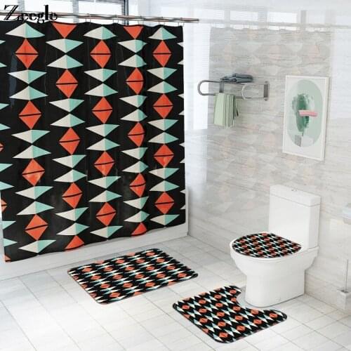 Polyester Waterproof Shower Curtain and Bath Mat Set Triangle Print Absorbent Toilet Seat Cover Mat and Anti-slip Floor Carpet