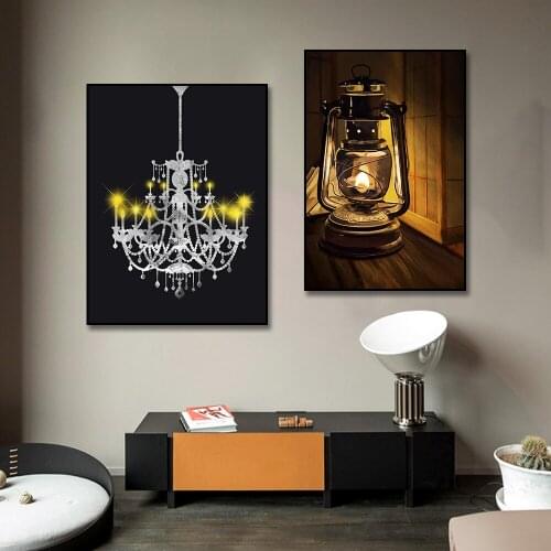 Retro Table Lamps Art Posters Print Nordic Yellow Light Wall Art Canvas Paintings Pictures For Livingroom Home Wall Decoration