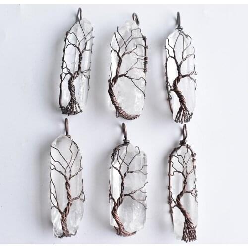 Natural White Crystal Pillar Pendants Handmade Antique Copper Wire Wrapped Tree of Life Wholesale 6Pcs/Lot for Necklace Jewelry