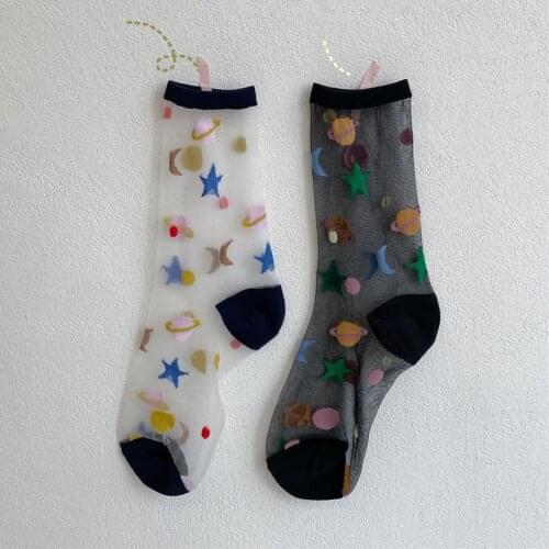 Summer Socks Women Novelty Harajuku Ultra-thin Transparent Crystal Glass Silk Socks Polka Dot Star Japanese Kawaii Cute Socks