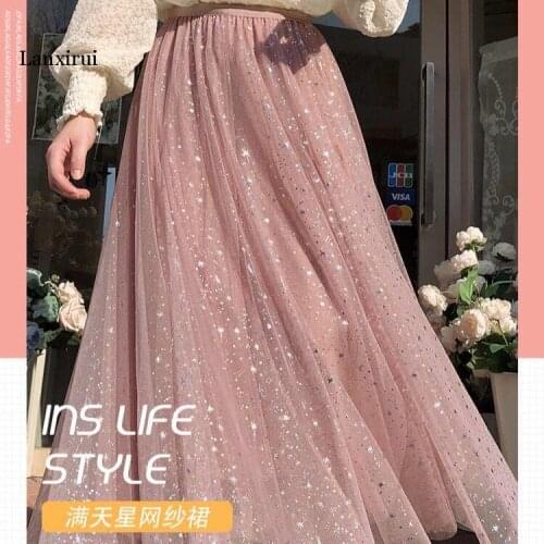 Autumn Starry Tulle Velvet Patchwork A-line Irregular Long Skirt Elastic High Low Galaxy Mesh Mid Calf Pleuche Pleated Skirts