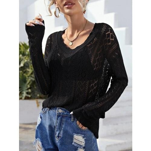 Transparent V Neck Sweater Women Off Shoulder Long Sleeve Pullover See Through Slim Knitted Jumper Sexy Hollow Out Black Sweater