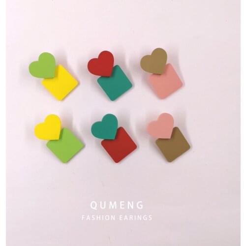 QUMENG korean Cute Heart Stud Earrings For Women Paint Spraying Colorful Geometric Earrings Modern Earrings Gift
