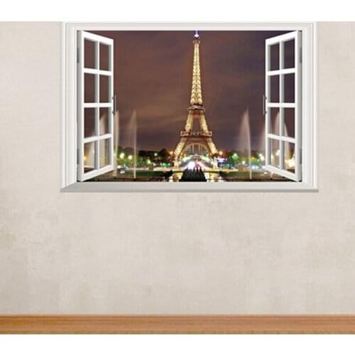 Removable Wall Paper 3D Window Paris Eiffel Tower Art Decal Wall Sticker DIY PVC Home Decor