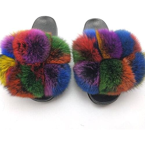 Fox Fur Slippers Faux Furry Fluffy Slippers Women Slides Sandals Indoor Shoes for Female Slip on Flip Flops