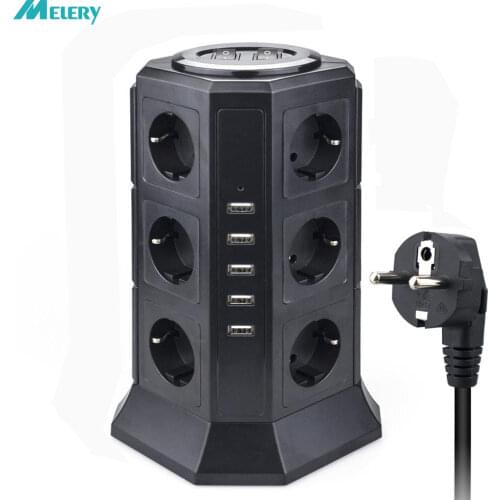 Tower Multiple Power Strip Vertical EU Plug 12 Way Outlets Sockets with USB Surge Protector Circuit Protection 2m Extension Cord