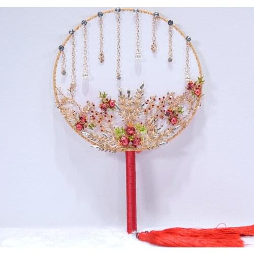 Vintage Chinese Style Wedding Bridal Circular Fan Bouquet Beaded Flower Handheld Fan with Tassel
