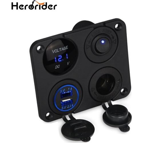 Herorider Dual USB Socket Charger 12V Power Outlet +NO-OFF Switch+ LED Voltmeter 4 in 1 Charger Panel for Car Motocycle