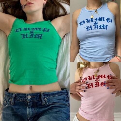 Vsstiar 2021 Y2K Sleeveless Cropped Top Sexy O Neck Women Casual Vest Shirts Summer Letter Printed Ladies Tank Fashion New