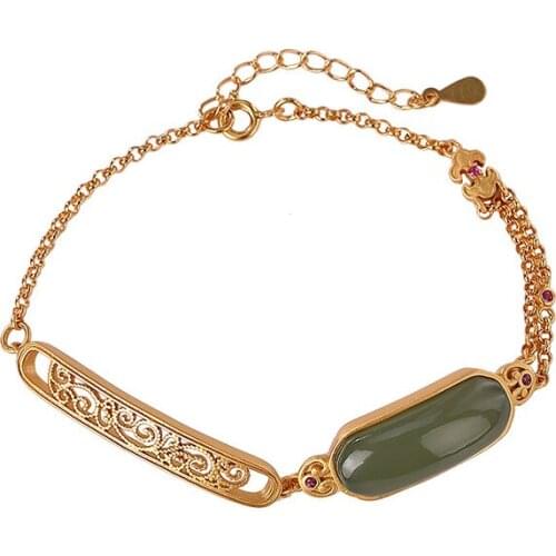 925 sterling silver gold plated natural Hetian gray jade bracelet vintage hollow Ruyi square plate ladies Bracelet
