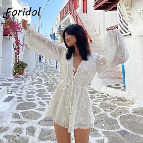 Foridol embriodery white lace up rompers women summer autumn sheer long sleeve wide leg playsuit flower cotton overalls 2020