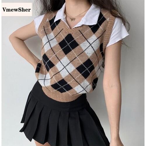 VmewSher New Women Sweater Vest Autumn 2021 Preppy Style Vintage Argyle V Neck Sleeveless Pullover Short Knit Jumper Crop Tops