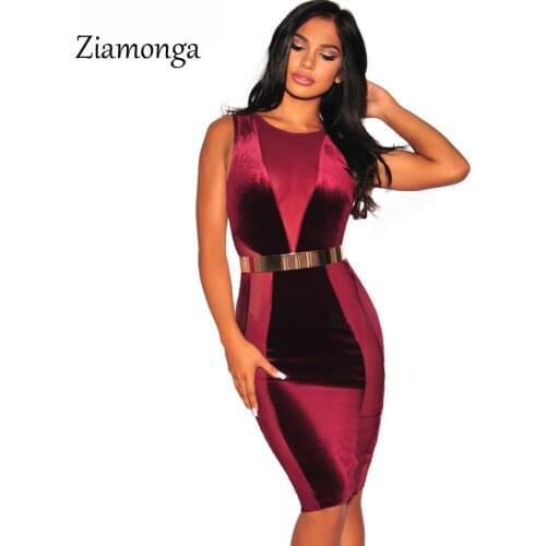 Ziamonga New 2018 Women Sleeveless Knee Length Dress OL Office Career Business Dress Ladies Velvet Formal Dress Party Club Dress