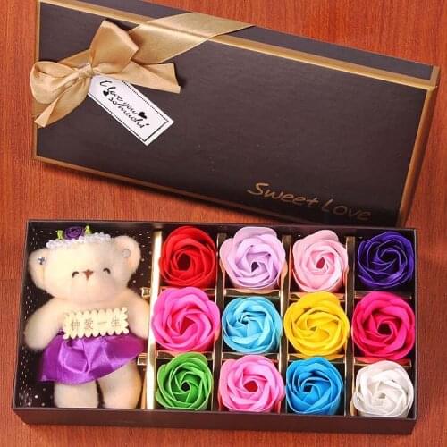 12pcs/set Flowers Romantic Scented Bath Soap Rose Soap Flower Petal with Little Cute Bear Doll Gift Box for Mothers Day Gift
