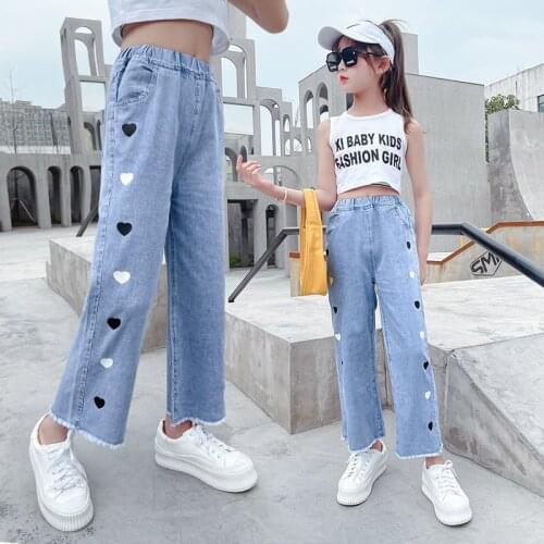 2021 Heart Printed Wide Leg Girls Jeans Teenage Clothes Kids Elastic Waist Denim Pants Girl Summer Thin Trousers 4-14 Years Old
