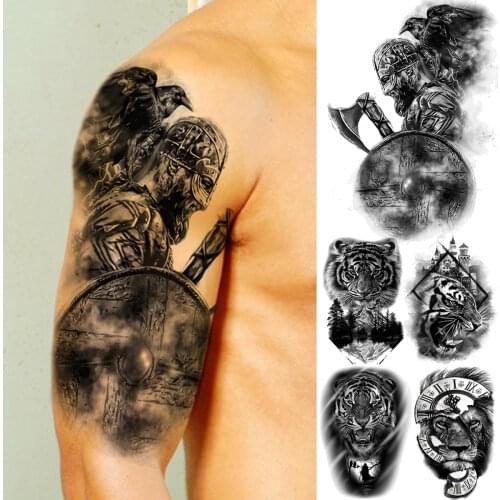 3D Black Knight Owl Arm Temporary Tattoos For Men Adult Lion Tiger Realistic Black Animal Fake Tattoo Body Art Waterproof Tatoos