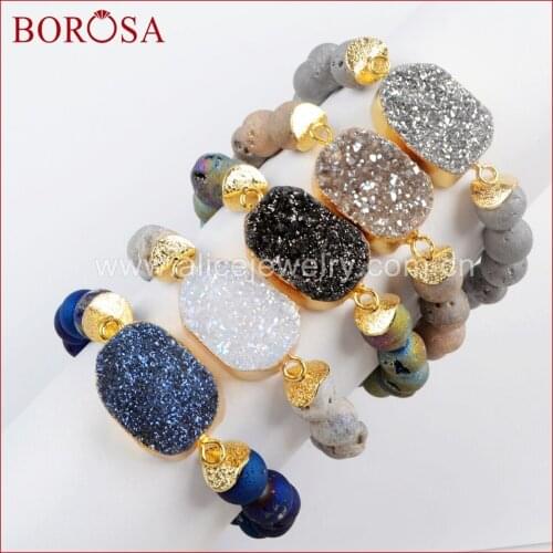 BOROSA 5PCS New Gold Color Titanium Druzy Bracelet With 10mm Beads Mixed Colors Bracelets Jewelry Gems Bangle for Women G1536