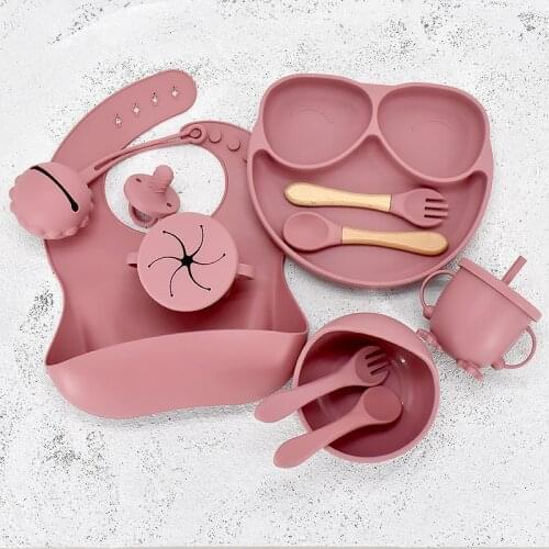 8/9/11Pcs Baby Silicone Plate With Sucker Food Grade Childrens Tableware Compartment Dishes Kids Dinnerware Plate Bib Cup Set