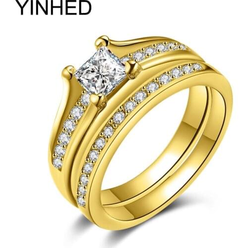YINHED Brand Wedding Ring Set Yellow Gold Color Cubic Zirconia CZ Engagement Rings for Women Vintage Jewelry ZR279