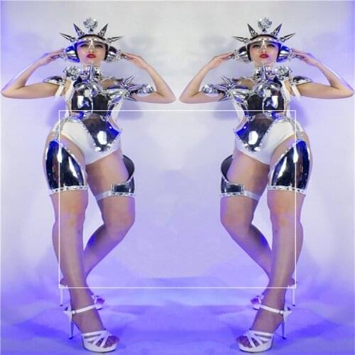 DC40 Ballroom dance led light costumes women robot stage show wears dress helmet silver mirror catwalk performance clothe dj bar