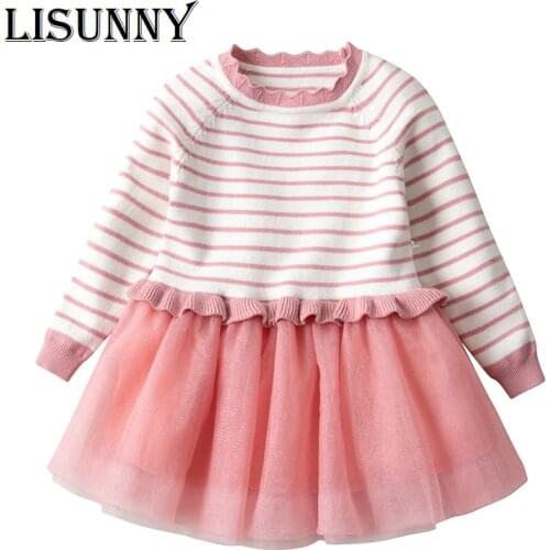 2020 spring Autumn Girls Sweater Dress Stripe Jumper Baby Children Clothing Cotton Kids Pullover Knitted Mesh stitching Skirt