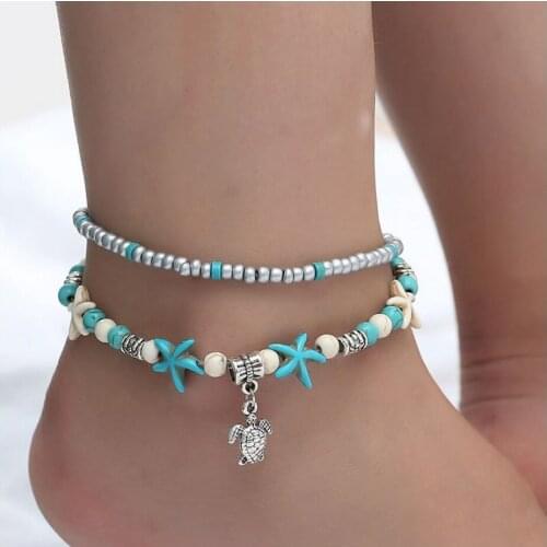 Two layer Anklet Alloy Heart elephant Tree owl Tortoise Anchor pendant Acrylic starfish sea wave stone beads