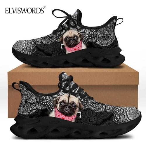 ELVISWORDS Cute Lovely Pug Dog Print Black Sport Sneaker 2021 New Fashion Flex Control Cushion Running Vulcanized Shoes mujer