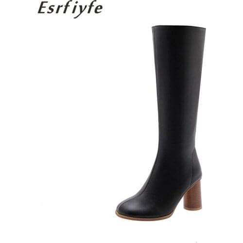 ESRFIYFE 2019 New Fashion High Heel Women Knee High Boots Pu Leather Office Ladies Dress Shoes Autumn Boots Woman Big Size 34-48