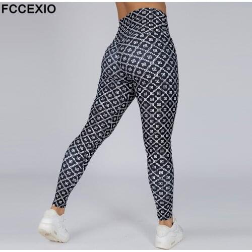 FCCEXIO 2021 Women Push Up Sportswear Spring Fashion Workout Leggings Outdoor New Black Plaid Skinny Elastic Force Leggings