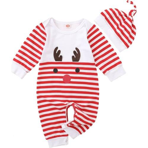 2Pcs Baby Christmas Romper Outfits Cartoon Deer Rudolph Pattern Stripes O-Neck Long-Sleeves Jumpsuit +Hat Suit for Toddler Girls