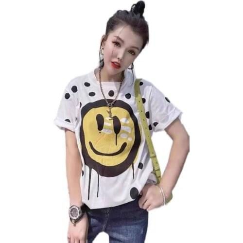 IHOBBY Smile Face Summer New Women T shirt Korean Fashion Girls Loose Style Casual Round Neck White Cotton Tshirt