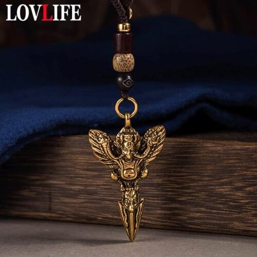 Copper Buddhism Vajra Pestle Key Chain Pendants Jewelry Vintage Car Keychain Lanyard Hanging Trinket Handmade Braided Bodhi Bead