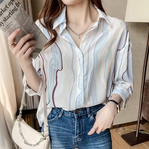 Fashion New Womens printing Chiffon shirt Female Loose POLO collarShirts Lady Simple Style Tops