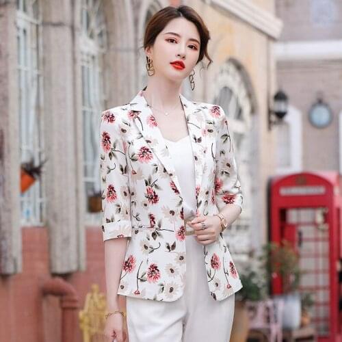 Fashion Floral Blazers Jackets Coat Half Sleeve Women Business Work Wear Tops Blaser Spring Summer Office OL Styles Outwear