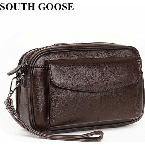 SOUTH GOOSE Cowhide Men Clutch Wallets Male Double Zipper Long Purses Large Capacity Business Handy Bag Coin Wallet Card Holder
