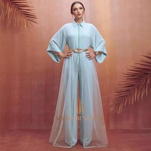 Sky Blue Moroccan Kaftan Caftan Muslim Evening Dresses Sheath Long Sleeves Chiffon Pants Dubai Arabic Turkey Abaya Islamic Gown