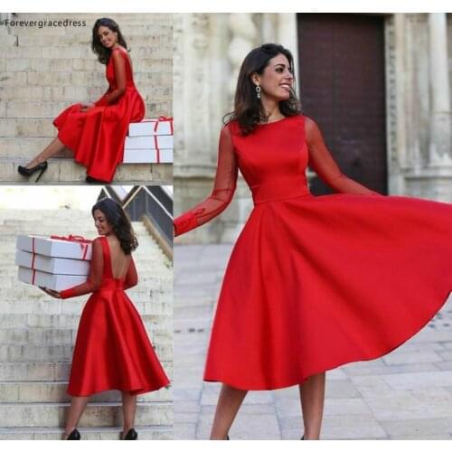 Cheap Long Sleeves Red Cocktail Dress A Line Jewel Neck Short Juniors Sweet 15 Graduation Party Dress Plus Size