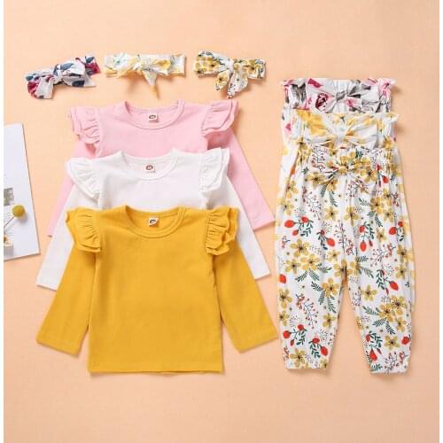 2021 new baby girls clothes set headband+ruffled sleeve + flower floral long pant toddler infant clothing sets outfit