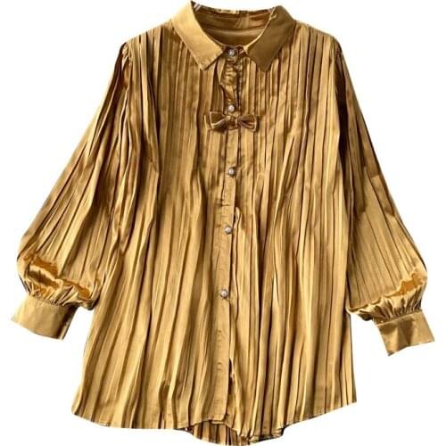 2021 Autumn New Style Ladies Shirt Chic Womens Fashion Bow Tie Lapel Pleated Chiffon Shirt Pure Color Elegant Blouse