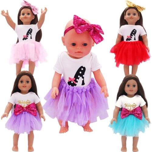 18 inch Girls Doll Clothes High Heels Skirt With Letter American Newborn Doll Dress Baby Toys Fit 43 cm Doll Shoes Sock