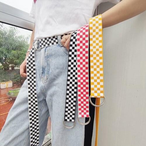 Belt New Black and White Checkered Double-ring Buckle Belt Canvas Striped Woven Belt Casual Trendy Korean Fashion Waist Belts