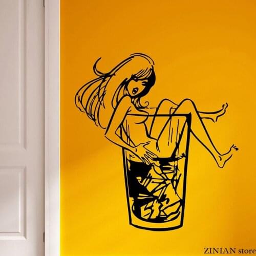 Sexy Girl Wall Decals Whiskey On The Rocks Wall Sticker For Nightclub Party Removable Vinyl Art Mural For Teen Bedroom H041